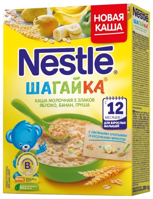 Отзывы Nestlé молочная Шагайка 5 злаков с кусочками яблока, банана и грушей (с 12 месяцев) 200 г