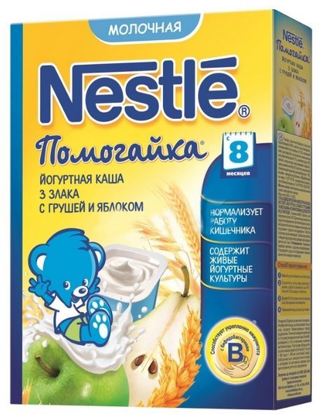 Отзывы Nestlé Помогайка молочная 3 злака с йогуртом, грушей и яблоком (с 8 месяцев) 200 г